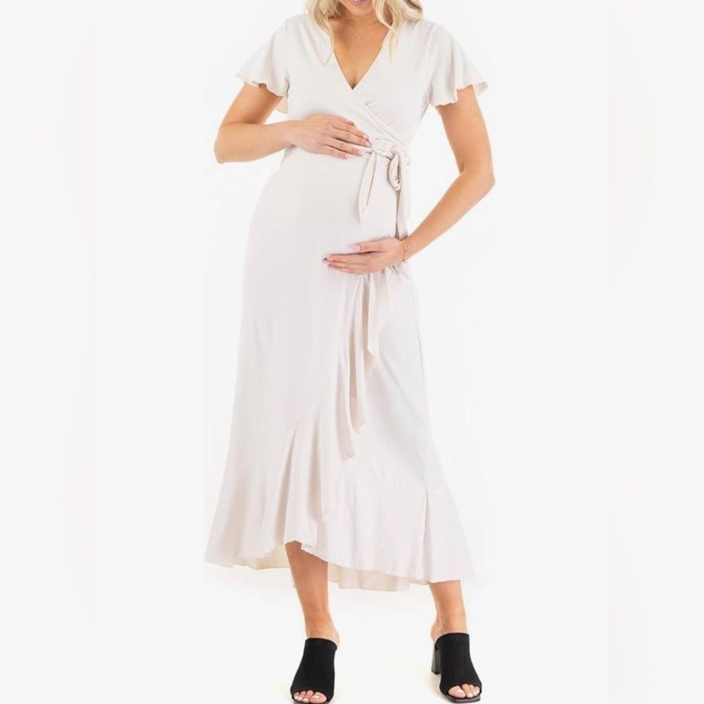 Mother Bee Maternity Butterfly Sleeve High Low Ruffle Dress Black XL NWT